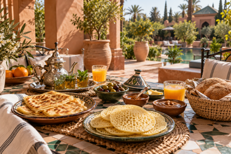 Traditional Moroccan breakfast with msemen, baghrir, mint tea and fresh orange juice at a Marrakech resort