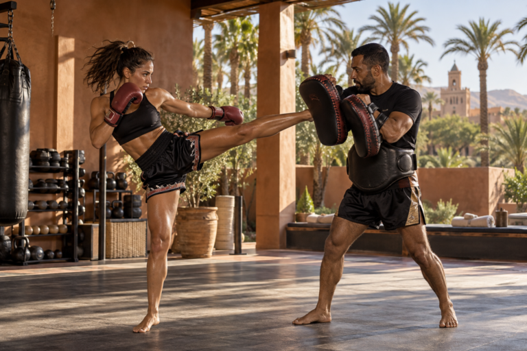 Muay Thai athlete training with a coach at an open-air gym in Marrakech