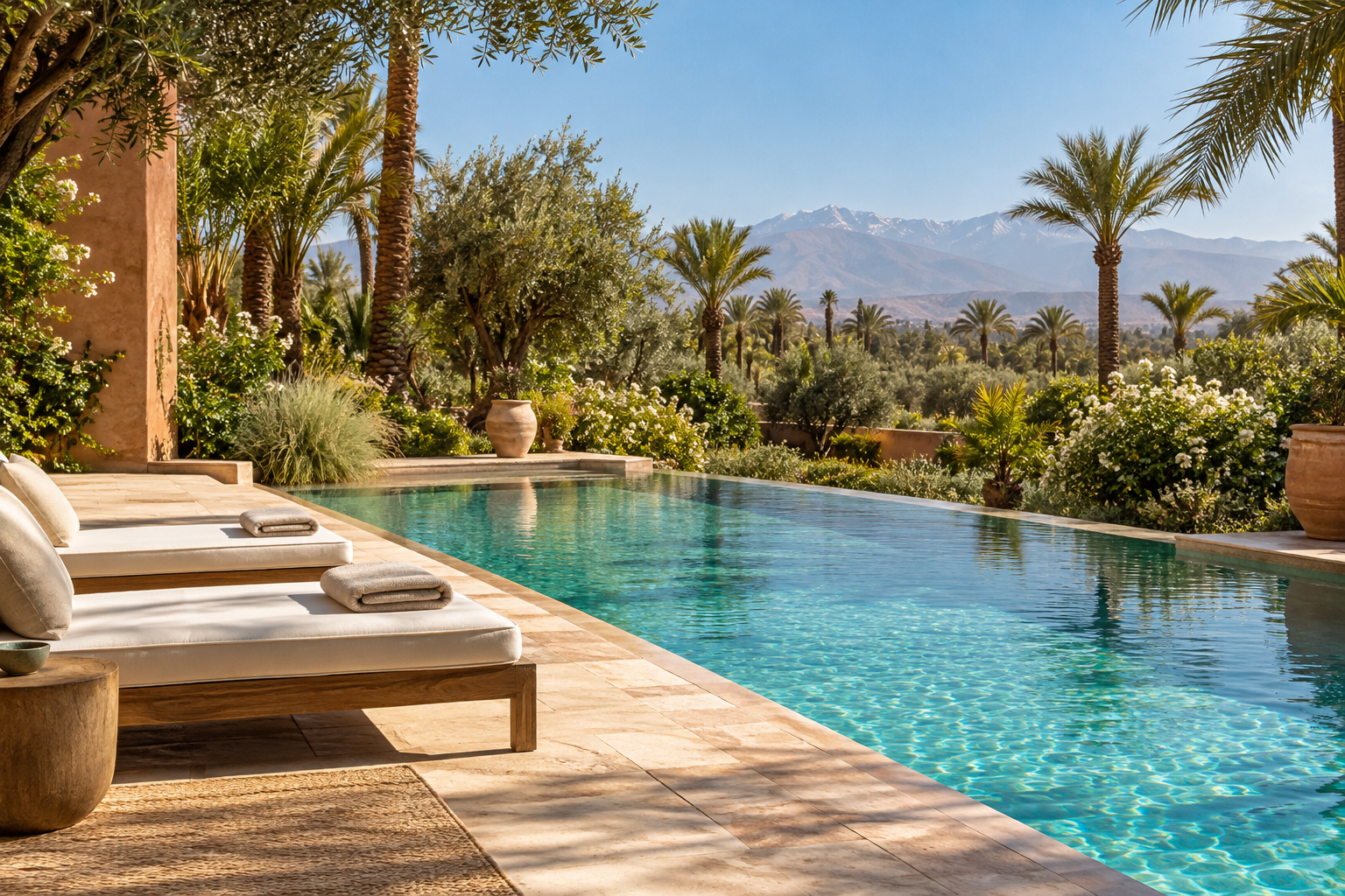 Peaceful Marrakech resort pool with loungers, gardens and Atlas Mountain views